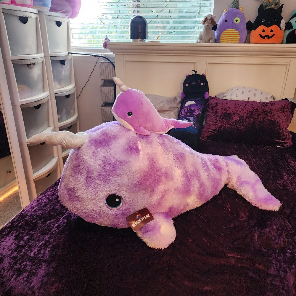 Large narwhal plush with attached baby narwhal